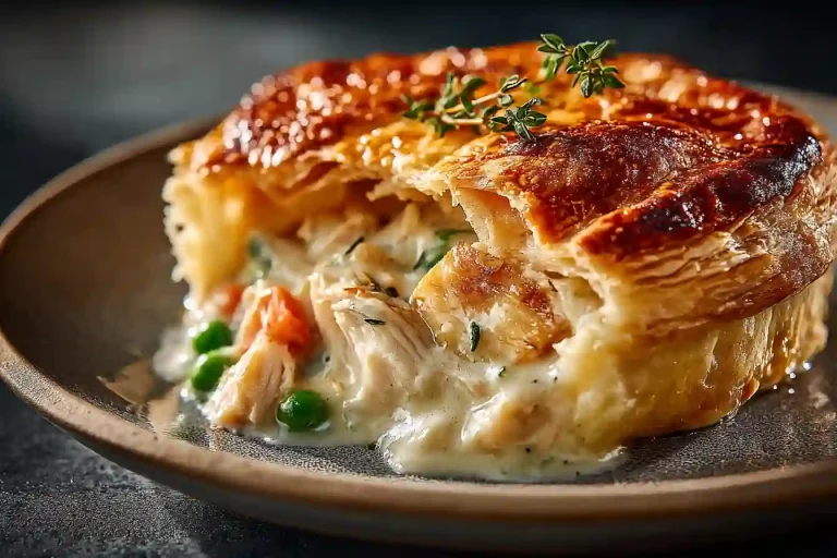 Gordon Ramsay Chicken Pot Pie final dish plated with golden puff pastry
