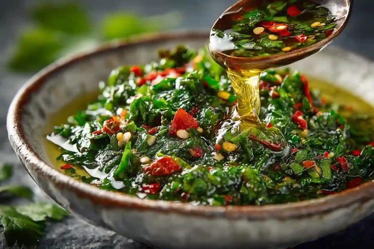 Gordon Ramsay chimichurri in white bowl with visible chopped parsley, chilli, and garlic