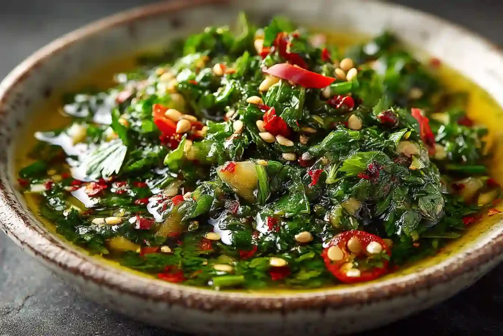 Gordon Ramsay chimichurri served beside grilled steak with rustic herbs.