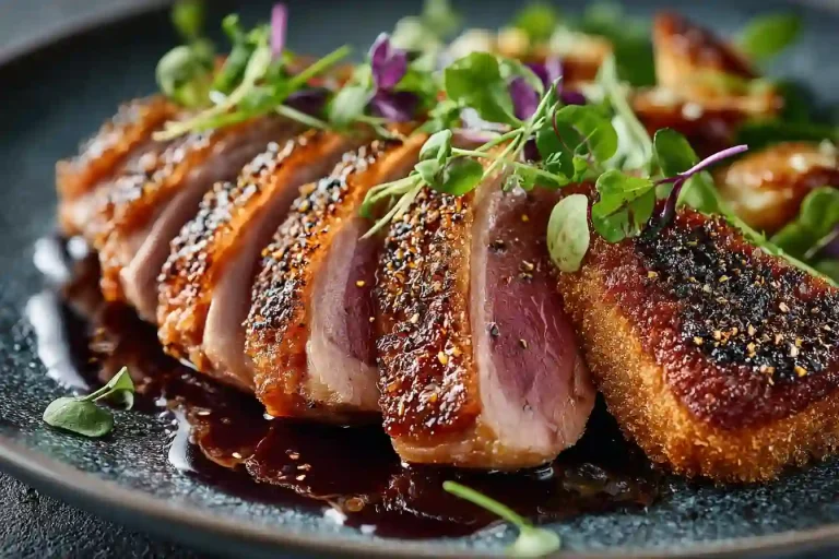 Gordon Ramsay duck breast plated with crispy skin and wine reduction