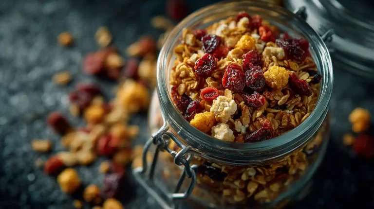 Gordon Ramsay Granola Recipe stored in glass jar on concrete-style counter