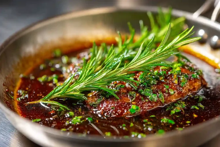 Gordon Ramsay lamb sauce in shallow pan with rosemary and glossy finish.