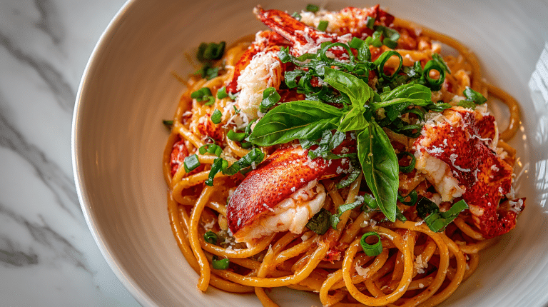 Gordon Ramsay Lobster Pasta with twirled spaghetti and lobster meat