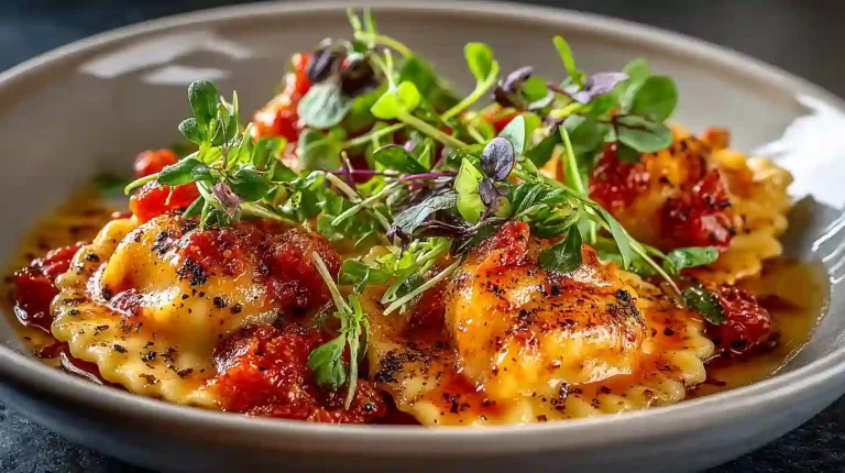 Gordon Ramsay lobster ravioli with tomato chutney and lobster reduction in a white bowl