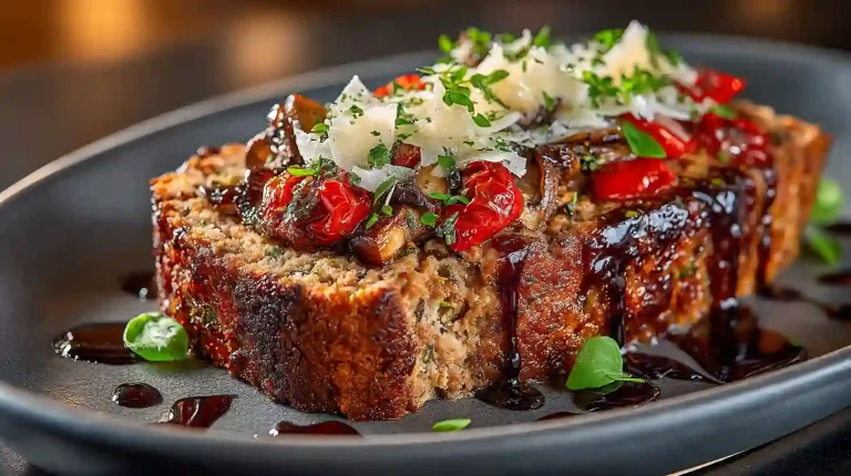 Gordon Ramsay Meatloaf slice with vegetables and glaze