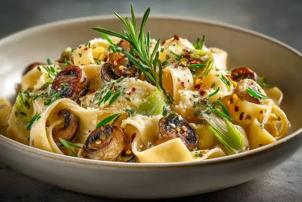 Gordon Ramsay mushroom and leek pasta plated for serving
