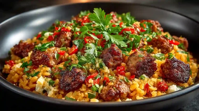 Gordon Ramsay sausage rice plated in a black skillet with sausage and peppers