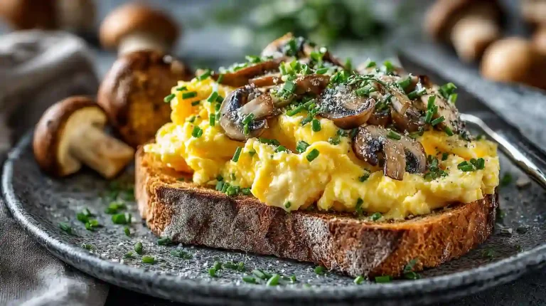 Gordon Ramsay scrambled eggs served on toast with chives and mushrooms