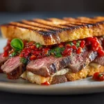 Gordon Ramsay steak sandwich close-up of beef fillet slices and relish on charred bread
