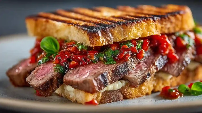 Gordon Ramsay steak sandwich with seared beef fillet, grainy mustard mayo, and tomato relish on charred ciabatta