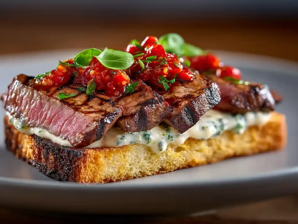 Gordon Ramsay steak sandwich stacked and cut with thick fillet and visible relish