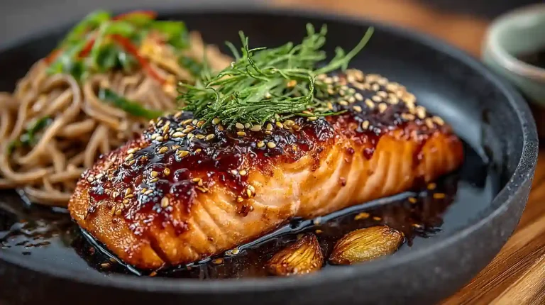 Gordon Ramsay teriyaki salmon glazed with soy-maple sauce and ginger slices