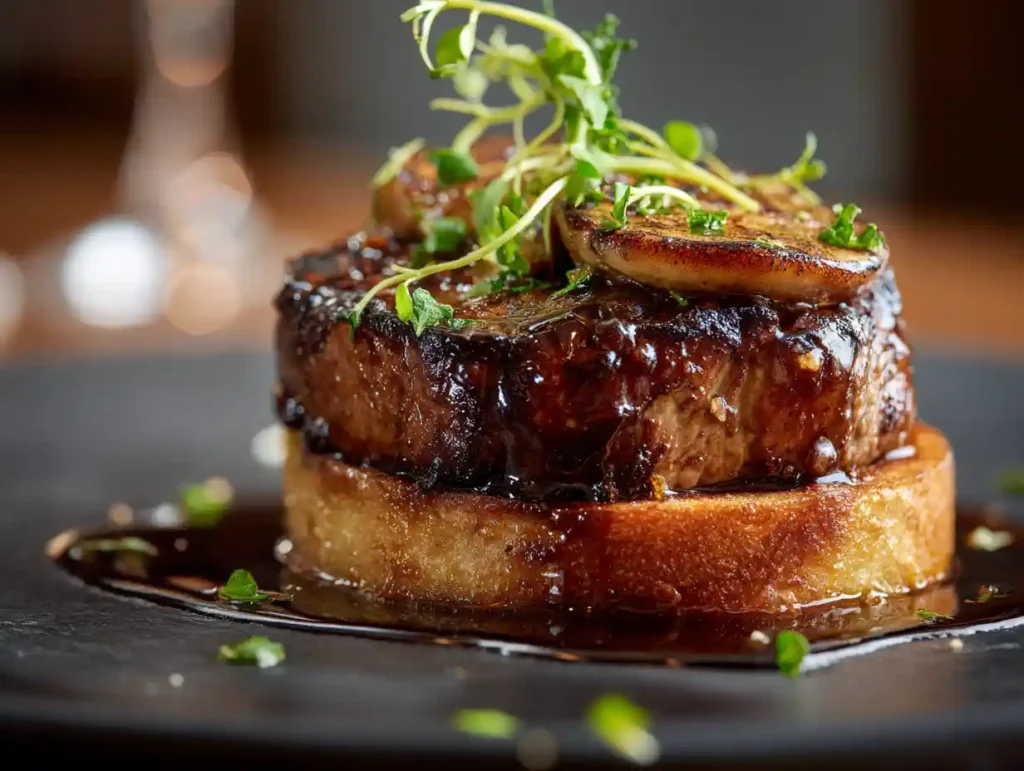Plated slice of Gordon Ramsay Tournedos Rossini with sauce being spooned