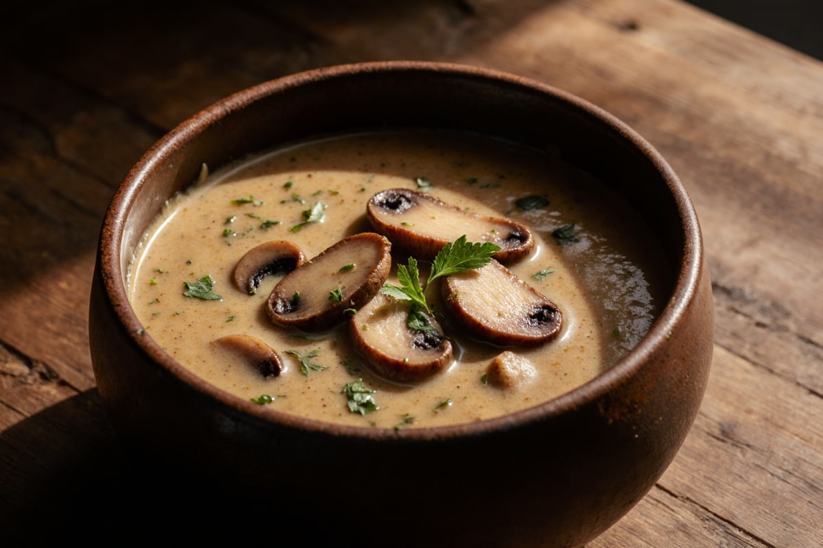 gordon ramsay mushroom soup served in a beautiful bowl garnished with fresh herbs