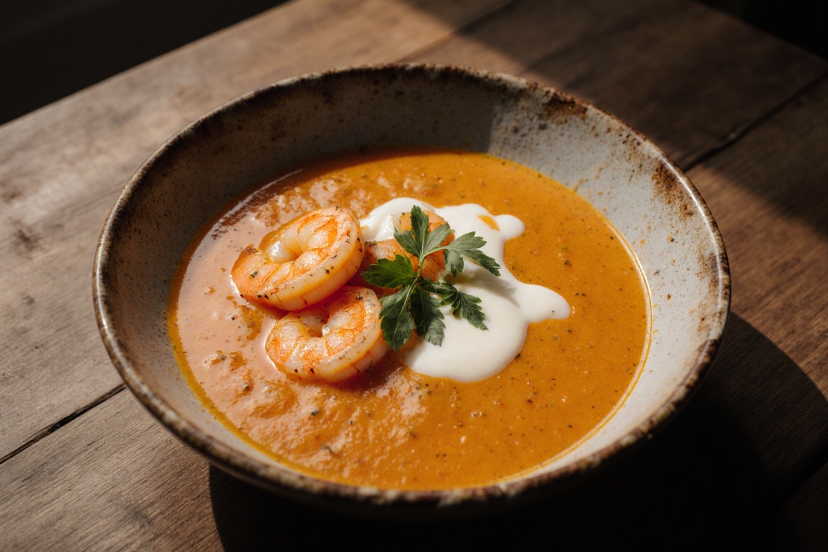 Gordon Ramsay seafood bisque, a rich and creamy seafood soup garnished with fresh herbs.