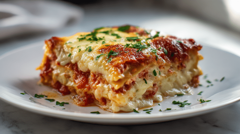 Gordon Ramsay Chicken Lasagna Recipe 7 A close-up view of gordon ramsay chicken lasagna with golden melted mozzarella cheese.