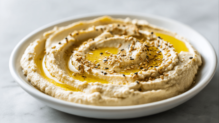 A close-up view of gordon ramsay hummus with olive oil and sesame seeds.