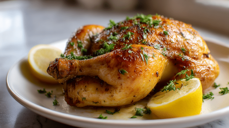 Gordon Ramsay Poussin Recipe 7 Close-up of gordon ramsay poussin with crispy skin and garnishes.