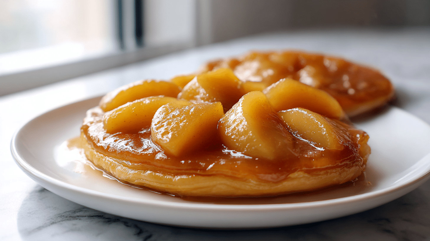 Gordon ramsay apple tarte tatin with caramelized apples and golden sauce on a ceramic plate.