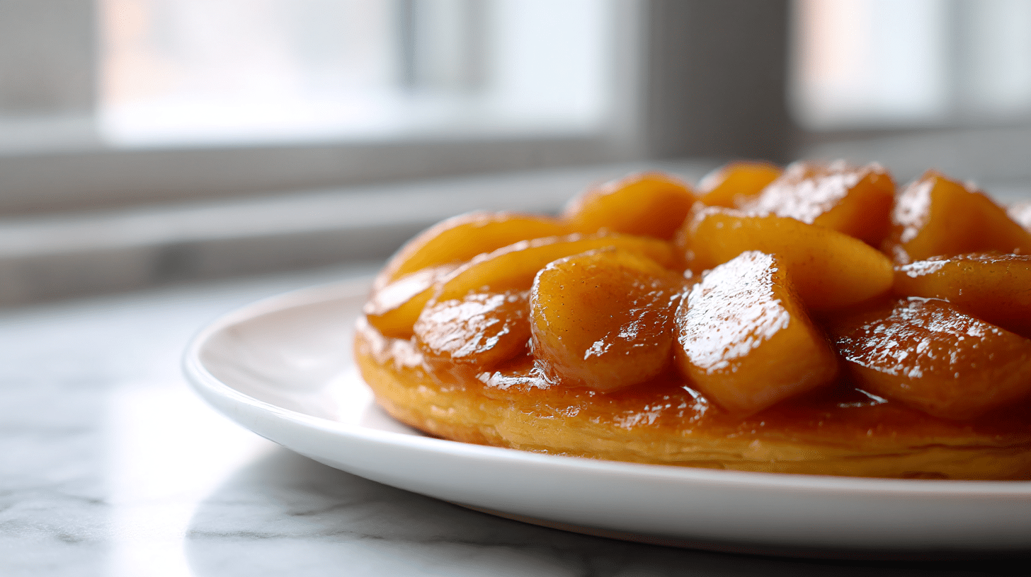 A close-up view of gordon ramsay apple tarte tatin featuring caramelized apple quarters in golden caramel sauce.