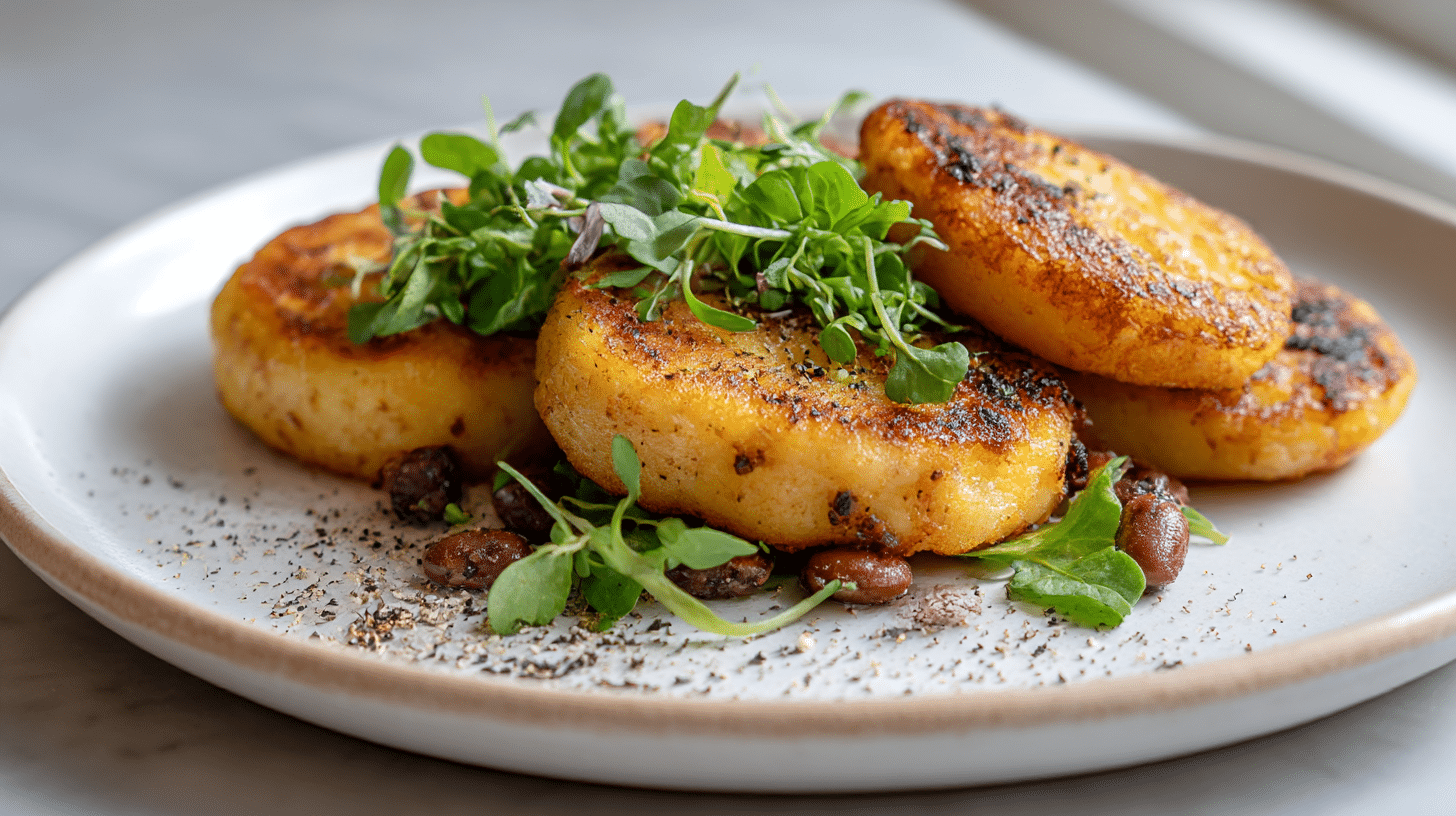 gordon ramsay beans and potato cakes garnished with fresh herbs
