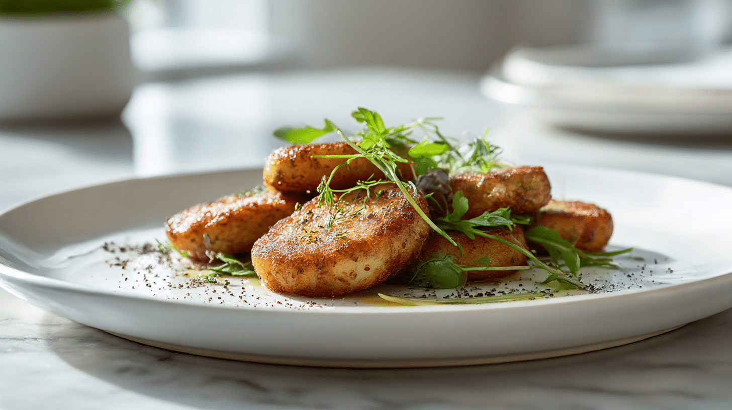gordon ramsay beans and potato cakes presented on a white plate with herbs
