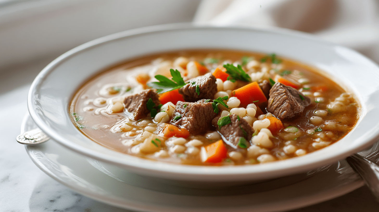 Gordon Ramsay Beef Barley Soup Recipe 1 A hearty bowl of gordon ramsay beef barley soup with tender chunks of beef and pearl barley.
