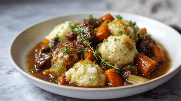 A delicious gordon ramsay beef stew and dumplings featuring tender chunks of beef and fluffy dumplings.