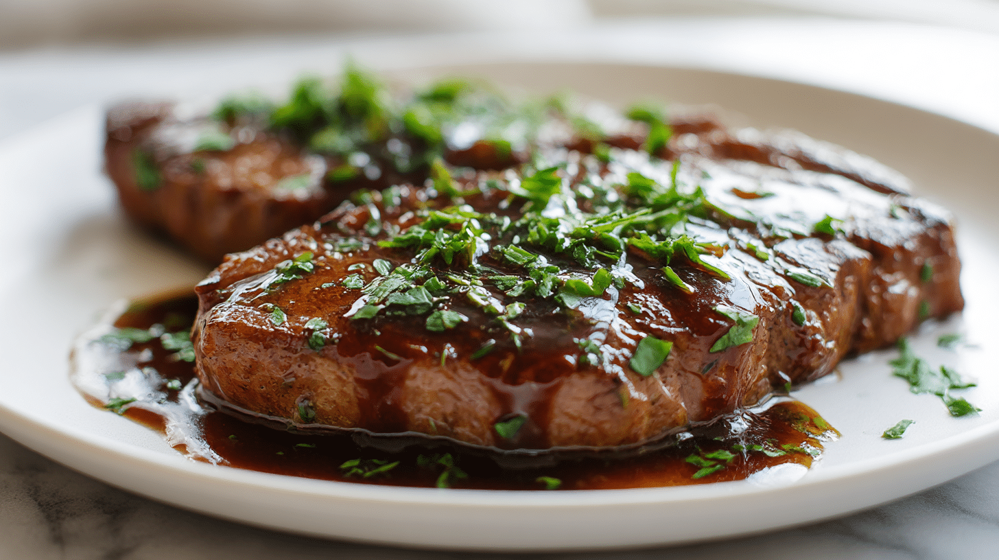 Close-up view of gordon ramsay bordelaise sauce and steak on a marble counter.