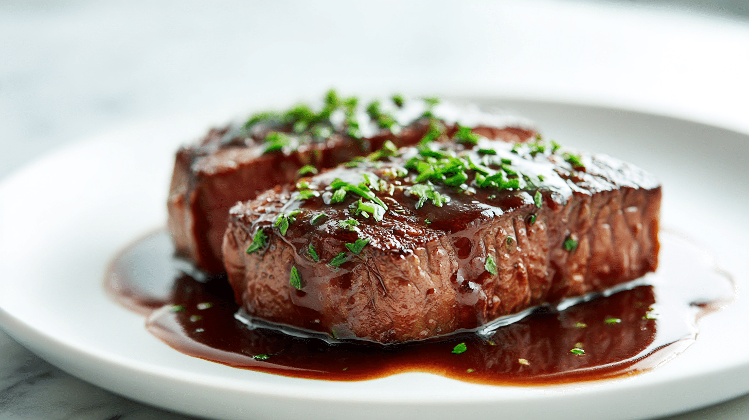 A close-up of gordon ramsay bordelaise sauce drizzled over steak, garnished with herbs.