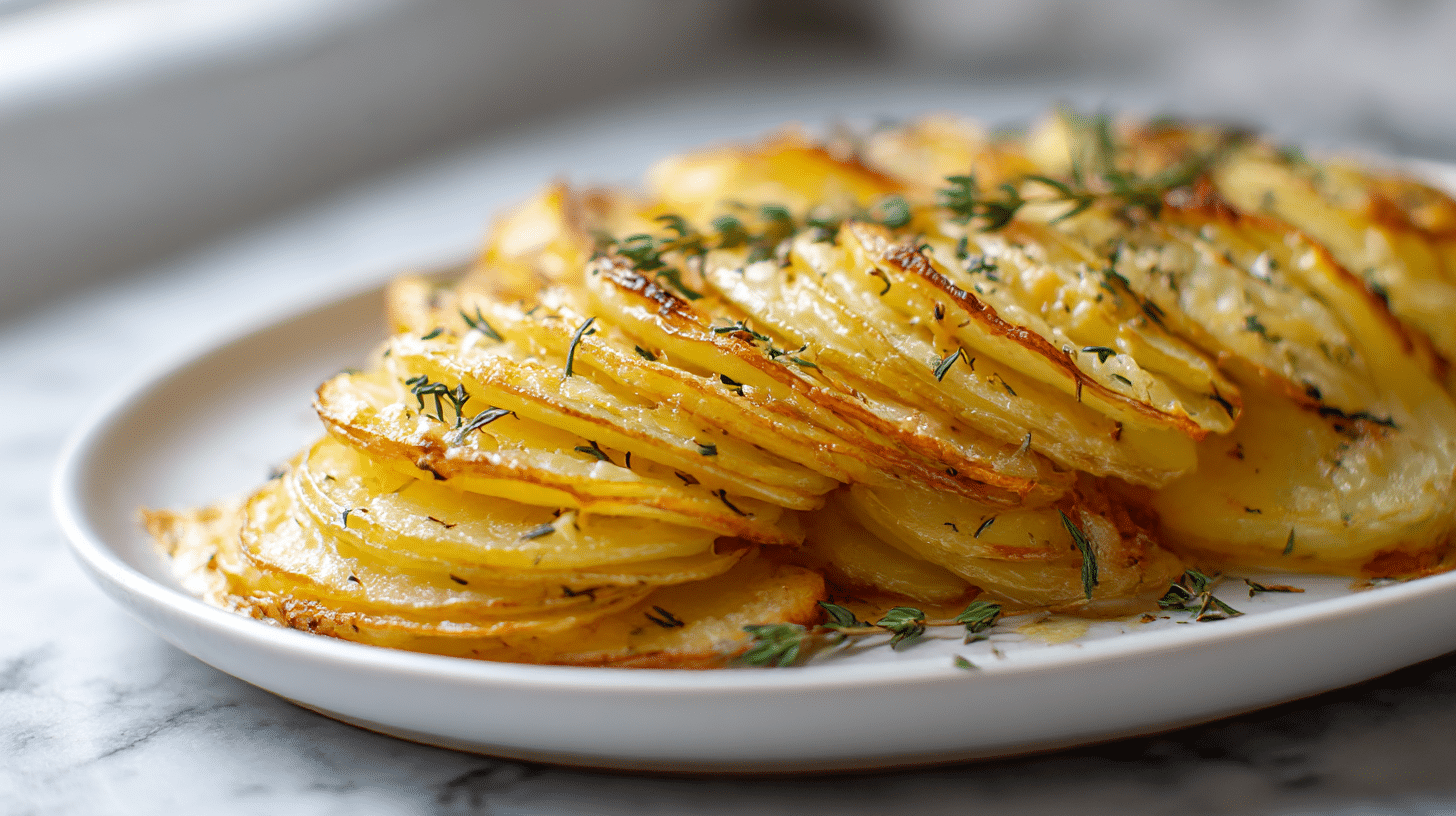 A close-up view of gordon ramsay boulangere potatoes on a white plate.