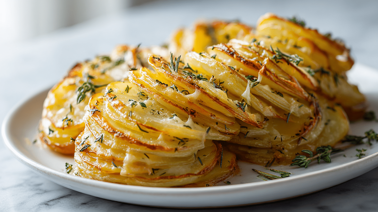 Beautifully arranged gordon ramsay boulangere potatoes with fresh thyme.