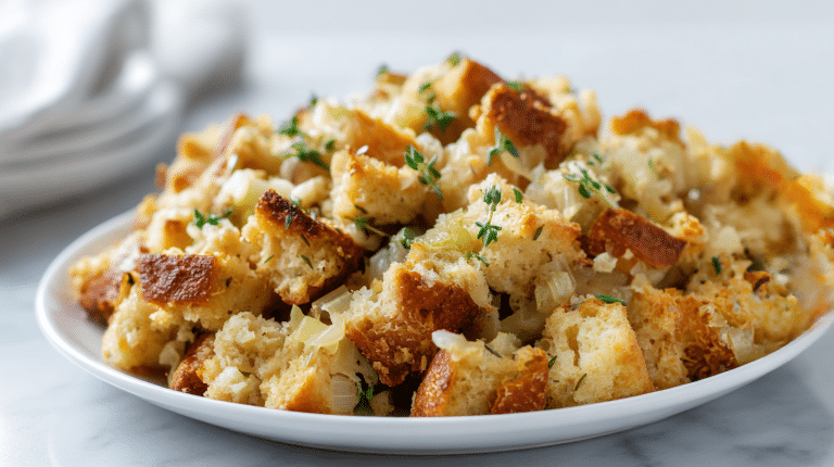 A delicious gordon ramsay bread stuffing made with stale bread, onions, celery, and garlic