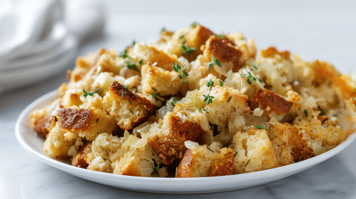 A delicious gordon ramsay bread stuffing made with stale bread, onions, celery, and garlic