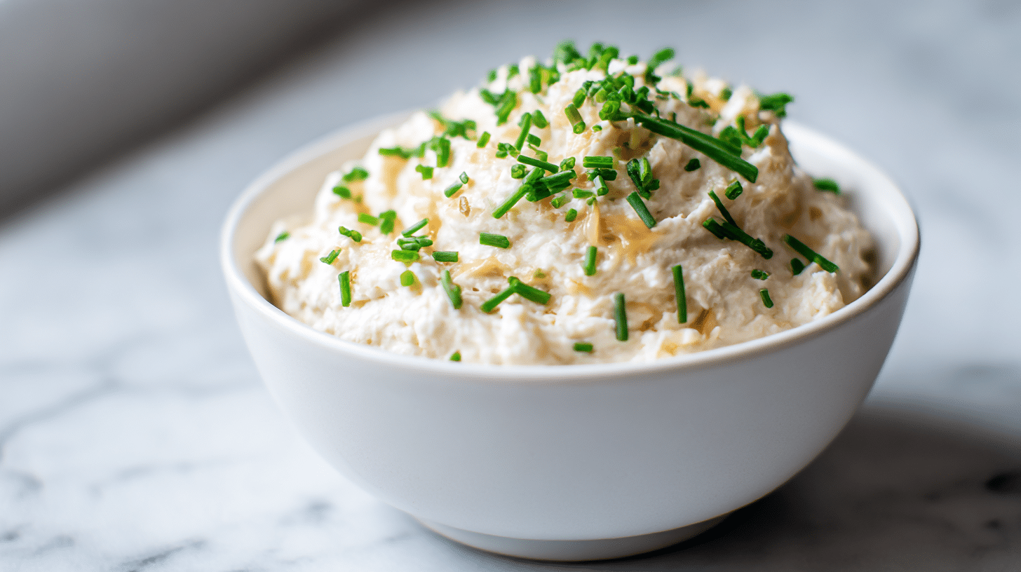 gordon ramsay caramelized onion dip with chives on marble counter