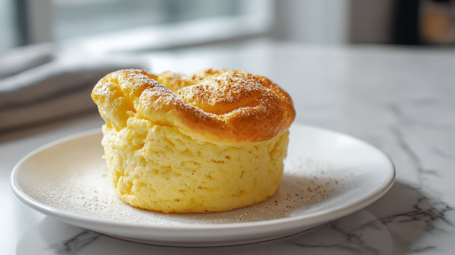 Perfectly risen gordon ramsay egg souffle garnished with nutmeg.