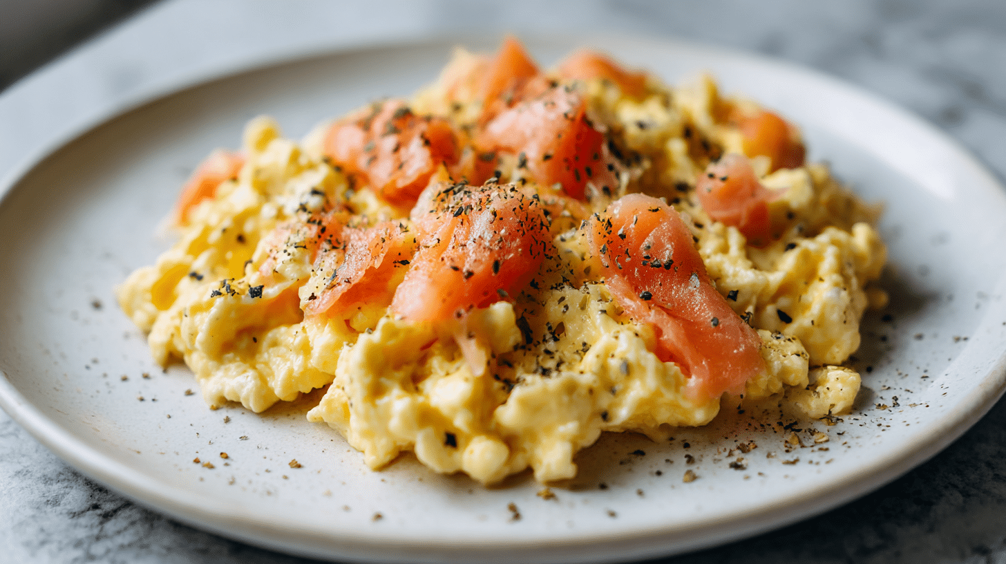 Gordon ramsay scrambled eggs salmon served on a marble counter.