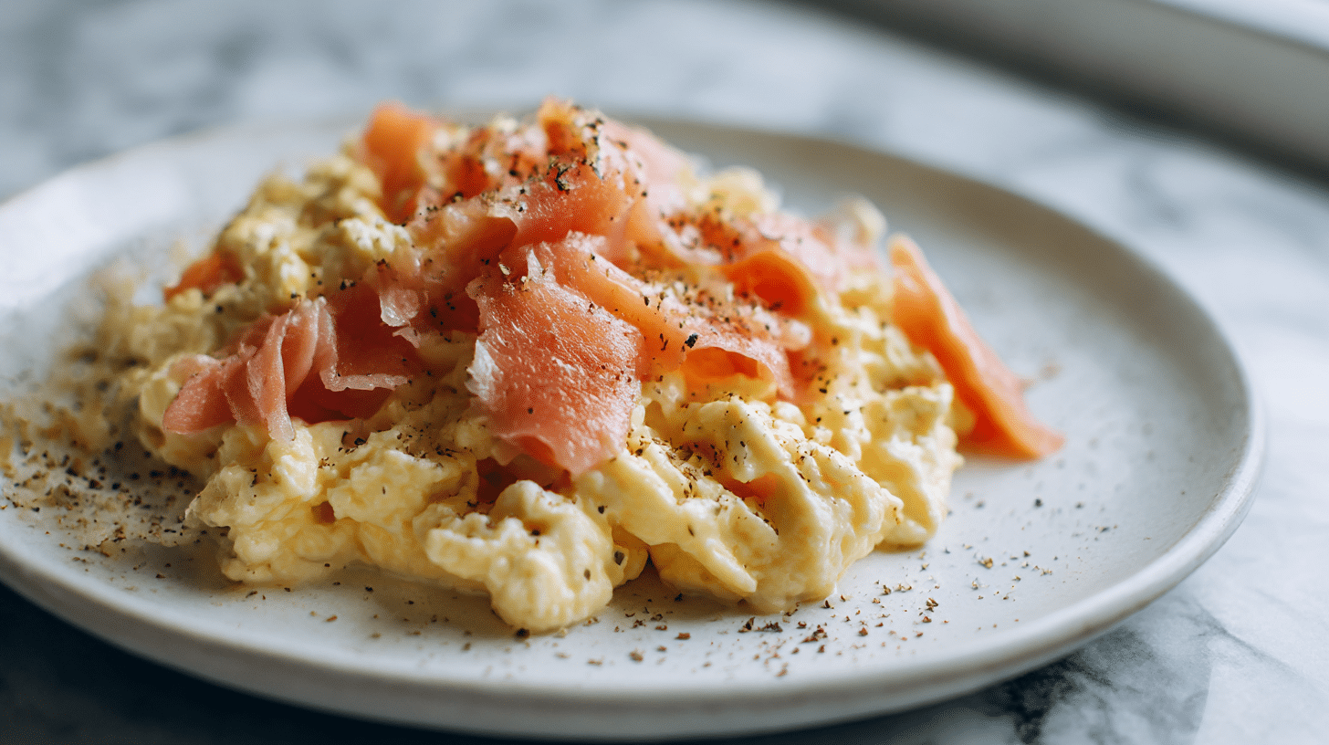 Delicious gordon ramsay scrambled eggs salmon topped with smoked salmon.