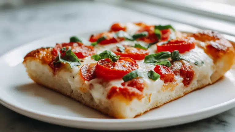 A delicious gordon ramsay sheet pan focaccia pizza with crushed san marzanos mozzarella, garnished with basil.