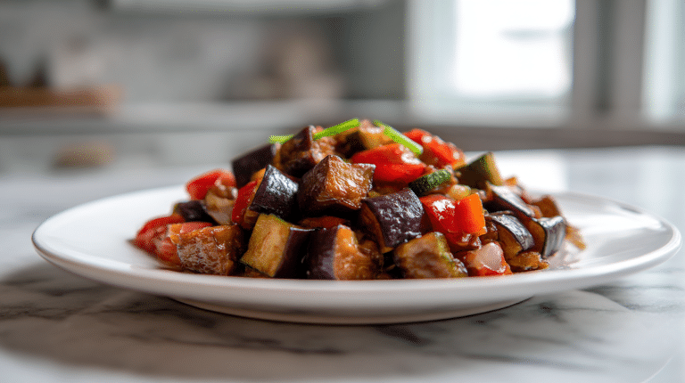 Gordon Ramsay slow cooked aubergine with tender cubes of eggplant and colorful vegetables.