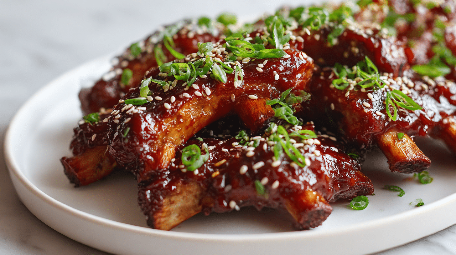gordon ramsay sticky pork ribs served with a rich glaze and garnished with sesame seeds