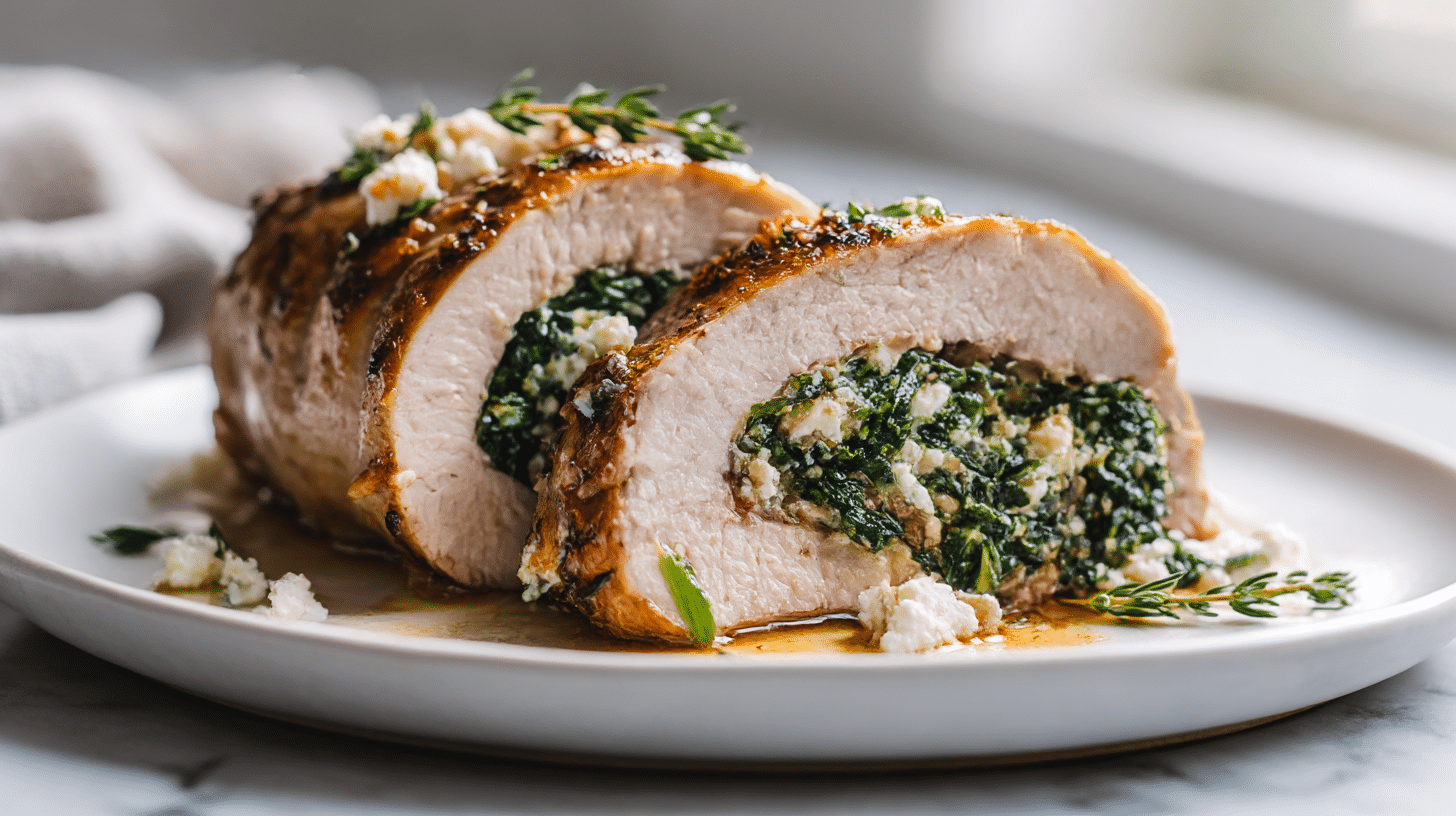 Gordon Ramsay stuffed pork tenderloin with spinach, feta, and garlic on a white plate.