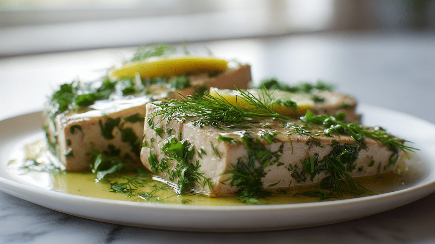 Delicious Gordon Ramsay swordfish plated with olive oil and lemon