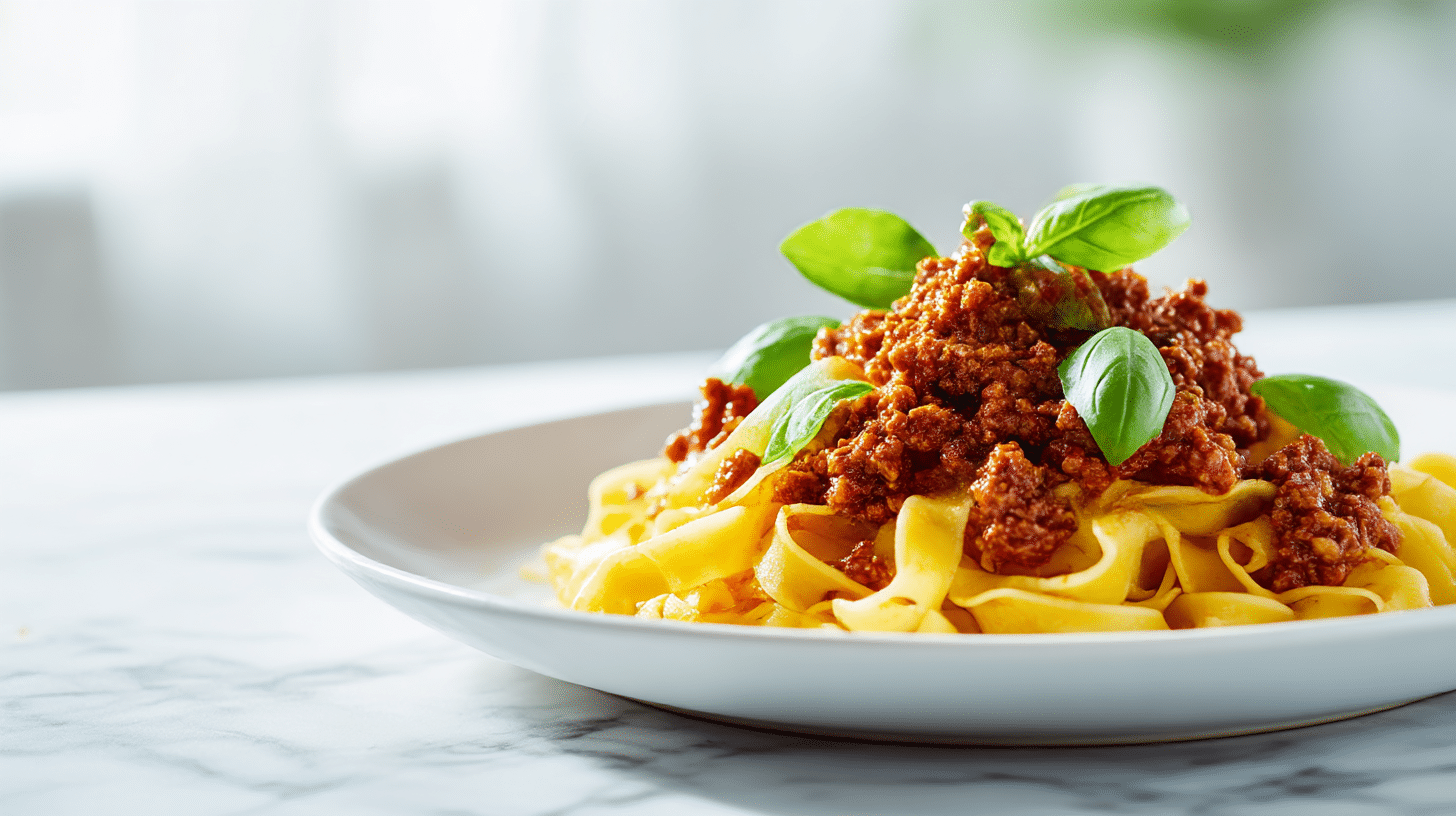Gordon ramsay tagliatelle topped with a hearty bolognese sauce and fresh basil.