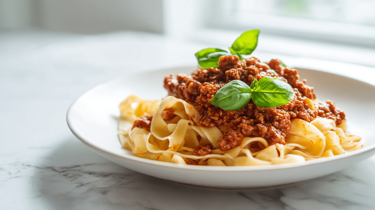 A delicious plate of gordon ramsay tagliatelle with sausage bolognese sauce and basil leaves.