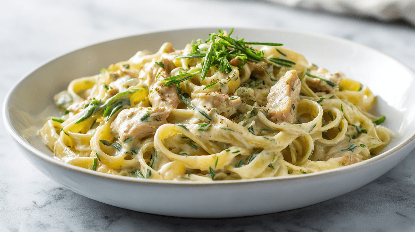 A delicious plate of gordon ramsay tarragon pasta with fresh ingredients.