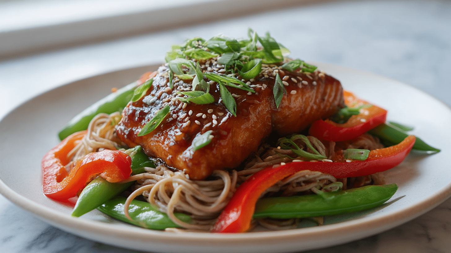 Delicious gordon ramsay teriyaki salmon and soba noodles beautifully plated.