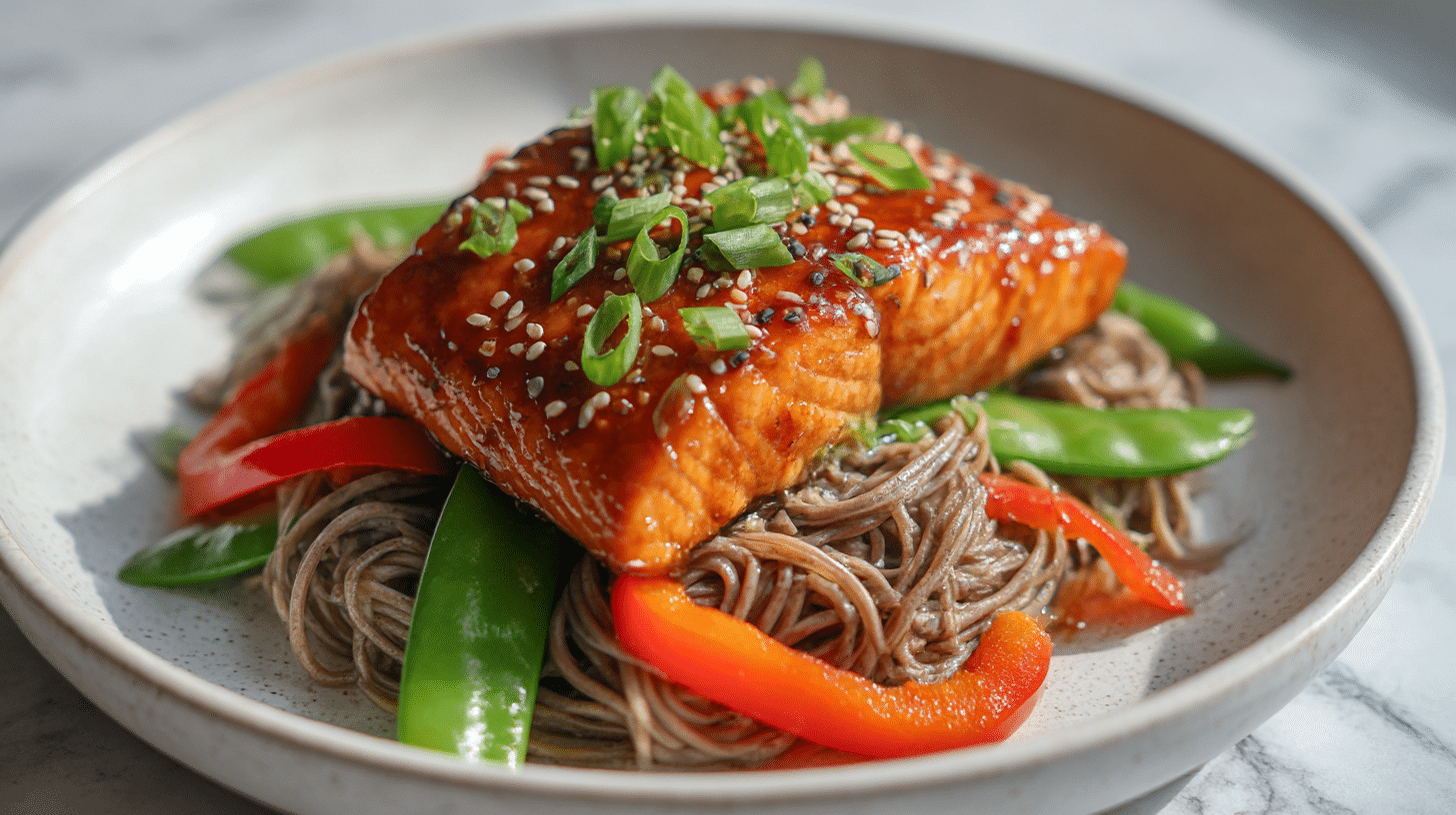 A beautiful plate of gordon ramsay teriyaki salmon and soba noodles with vibrant vegetables.