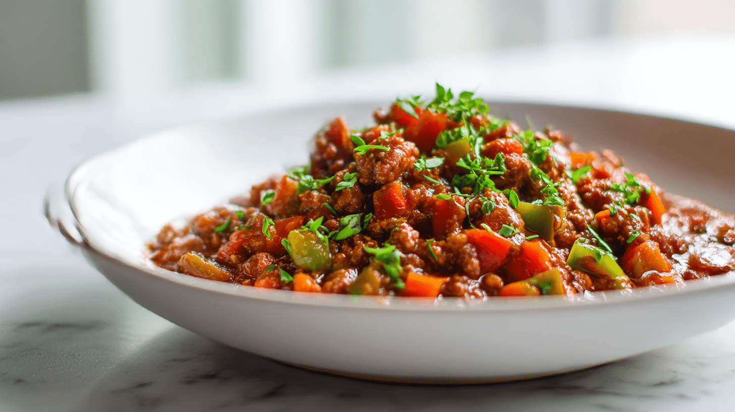A hearty bowl of gordon ramsay texas chili with ground beef and colorful vegetables.
