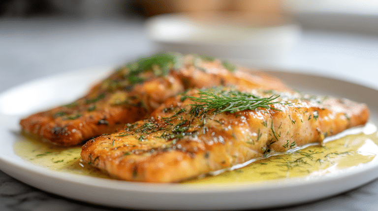gordon ramsay trout fillets garnished with dill and brown butter sauce